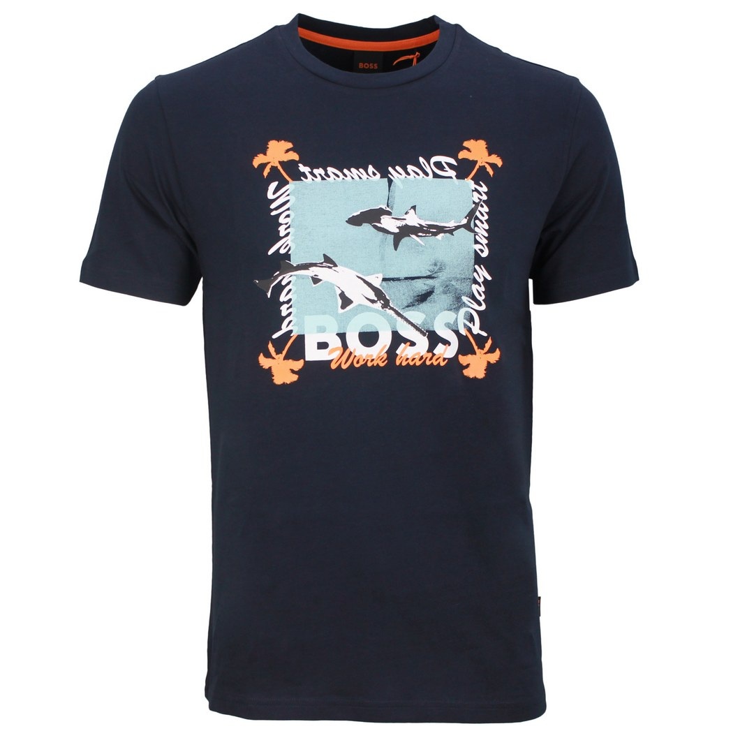 BOSS Herren T-Shirt Shark Print Muster blau 50491716 404 dark blue