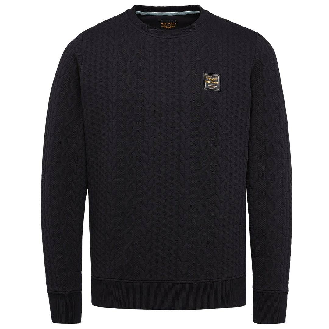 PME Legend Herren Sweat Shirt Pullover cable jacquard schwarz unifarben PSW2210458 999 black