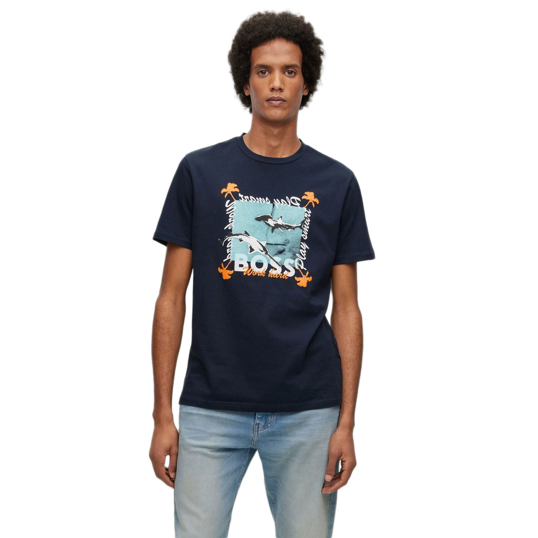 BOSS Herren T-Shirt Shark Print Muster blau 50491716 404 dark blue
