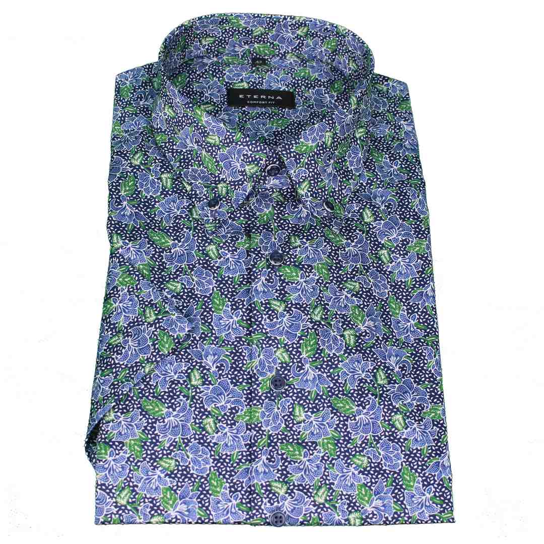 Eterna Herren Hemd kurzarm Comfort Fit blau grün florales Muster 4806 K195 45