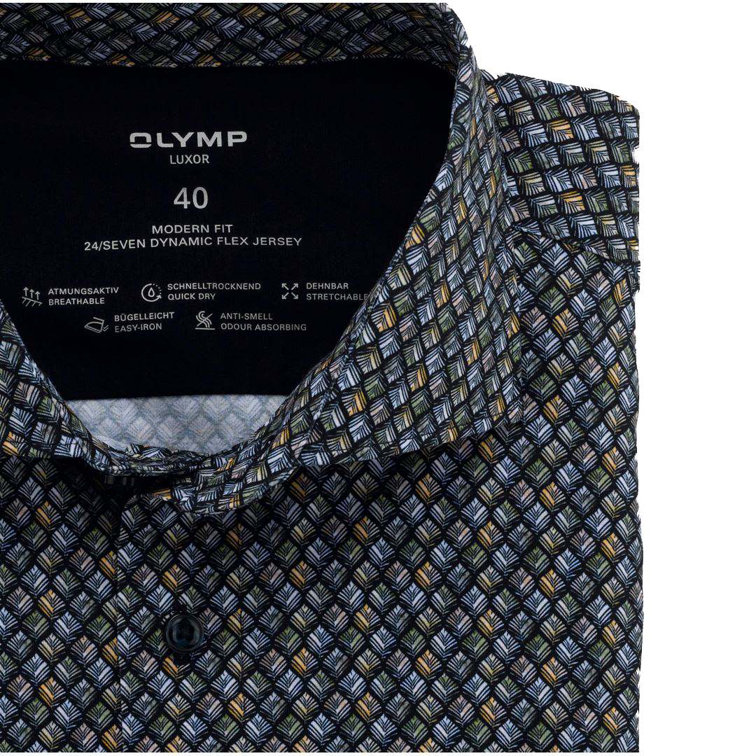 Olymp Herren Luxor 24/Seven Modern Fit Freizeithemd grün blau gemustert 122624 47 oliv